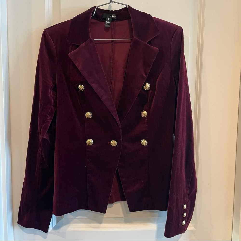 Aqua Deep Burgundy Velvet Blazer with Gold Buttons